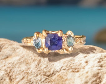 Blue Sapphire and Tourmaline ring, Rustic Gold textured ring, One of a kind gemstone ring, Nature inspired ring, Unique gift for girlfriend