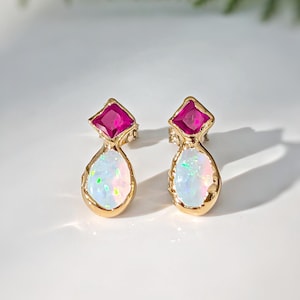 Ruby and Opal stud earrings, Ruby stud earrings, Opal earrings, Opal & Ruby Bridal earrings, July and October birthstone earrings