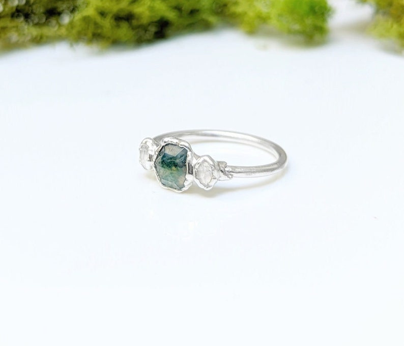 Moss Agate & diamond engagement ring, Silver Herkimer diamond ring, Nature-Inspired Engagement Rings Raw crystal ring Unique engagement ring image 3