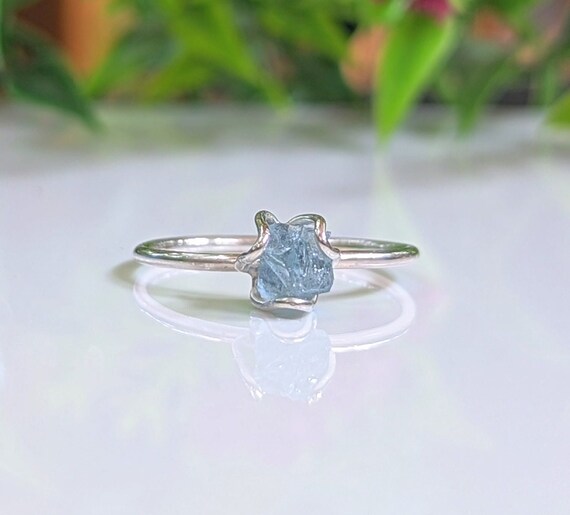 Raw Aquamarine Ring Raw Blue Crystal Engagement Ring Silver