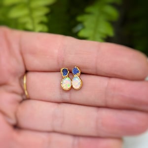 Raw Sapphire and Opal stud earrings, Sapphire stud earrings, Opal stud earrings, Opal Bridal earrings, September birthstone, Opal earrings image 9