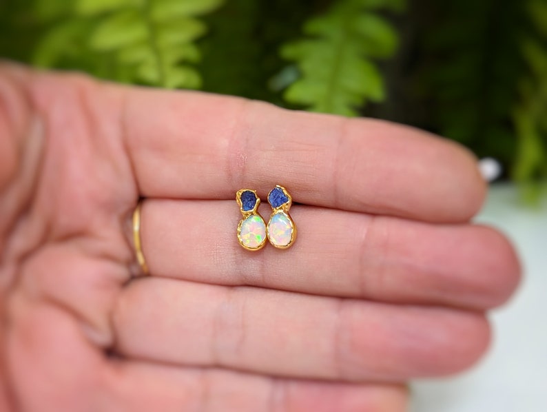 Raw Sapphire and Opal stud earrings, Sapphire stud earrings, Opal stud earrings, Opal Bridal earrings, September birthstone, Opal earrings image 9