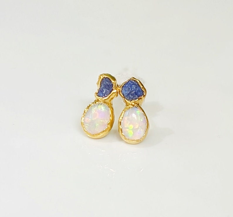 Raw Sapphire and Opal stud earrings, Sapphire stud earrings, Opal stud earrings, Opal Bridal earrings, September birthstone, Opal earrings image 2