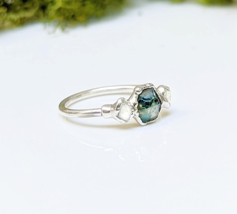 Moss Agate & diamond engagement ring, Silver Herkimer diamond ring, Nature-Inspired Engagement Rings Raw crystal ring Unique engagement ring image 4