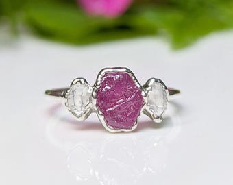 Raw pink Sapphire and diamond engagement ring, Pink Sapphire ring, Herkimer diamond engagement ring, Raw gemstone ring, Unique crystal ring