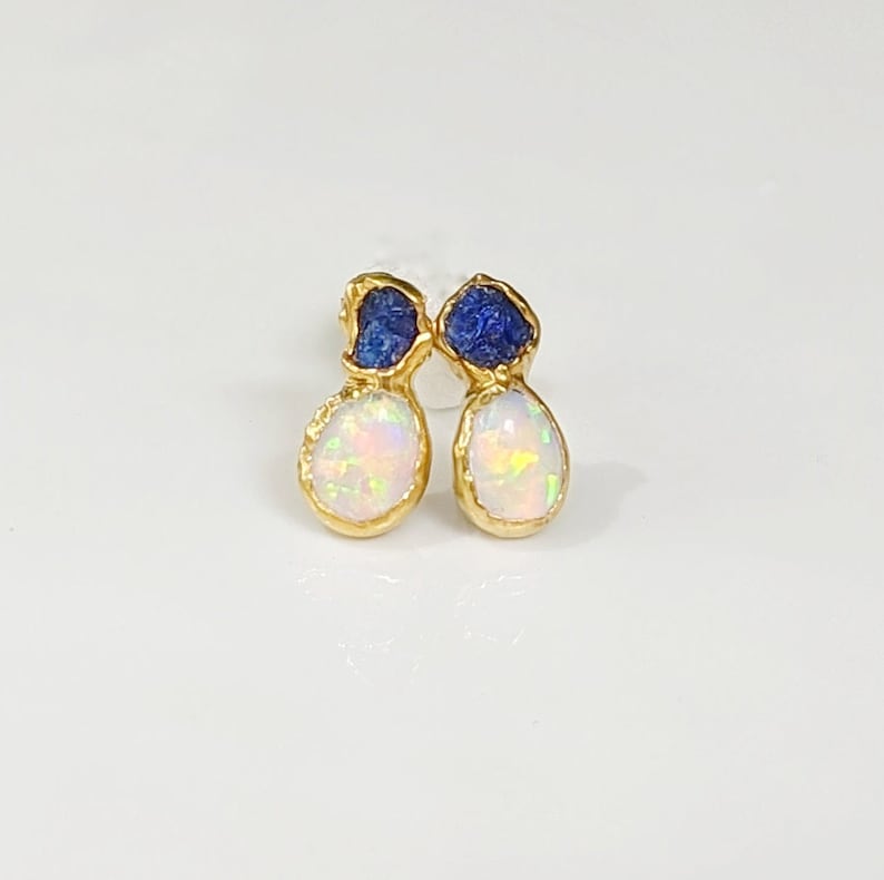 Raw Sapphire and Opal stud earrings, Sapphire stud earrings, Opal stud earrings, Opal Bridal earrings, September birthstone, Opal earrings image 6