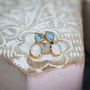 Raw Aquamarine and Opal stud earrings, Aquamarine stud earrings, Opal stud earrings, Opal Bridal earrings, March birthstone, Opal earrings image 7