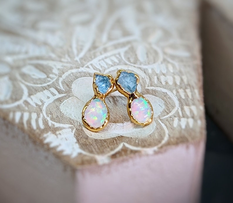 Raw Aquamarine and Opal stud earrings, Aquamarine stud earrings, Opal stud earrings, Opal Bridal earrings, March birthstone, Opal earrings image 7