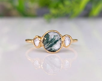 Moss Agate and diamond ring, Herkimer Diamond  ring, Nature-Inspired Engagement Rings, Raw crystal ring, Moss Agate ring, Moss Agate Jewelry