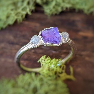 Raw Amethyst and raw diamond ring, February birthstone ring, Raw Amethyst ring, Rough diamond ring, Unique engagement ring, Raw crystal ring