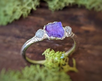 Raw Amethyst and raw diamond ring, February birthstone ring, Raw Amethyst ring, Rough diamond ring, Unique engagement ring, Raw crystal ring