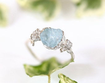 Raw Aquamarine and diamond ring, Raw diamond ring, Unique engagement ring Sterling Silver Twig ring Unique gift for her Diamond branch ring