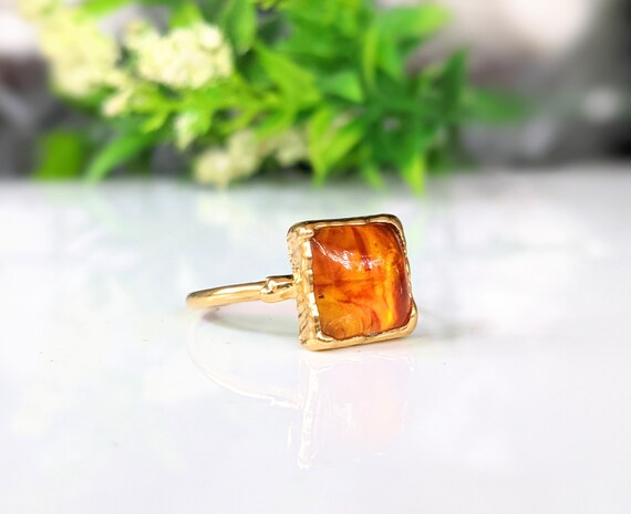 Baltic Amber Ring Gold Cocktail Ring Amber Jewelry Square Stone Ring Statement Ring Unique Gift for Her Girlfriend Gift Gift for Mom
