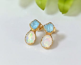 Raw Aquamarine and Opal stud earrings, Aquamarine stud earrings, Opal stud earrings, Opal Bridal earrings, March birthstone, Opal earrings