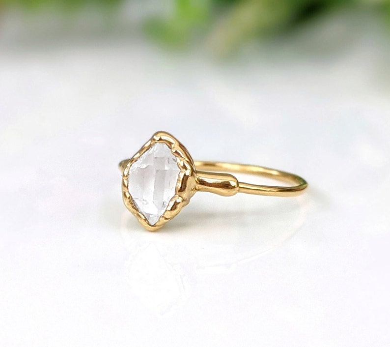 Herkimer diamond ring, Rustic alternative engagement ring, April birthstone ring, Solid 14k Gold Solitaire diamond promise ring, Boho ring image 1