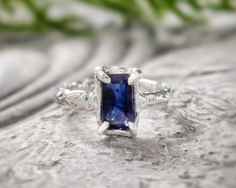 Blue Sapphire engagement ring, Rustic Silver Sapphire ring, One of a kind blue gemstone ring Unique Gift for girlfriend Nature inspired ring