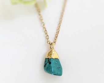 Raw Turquoise Necklace, Raw stone pendant on Gold chain, Raw gemstone Necklace, December Birthstone necklace, Raw birthstone Boho necklace
