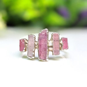 Raw Tourmaline ring, Size 7.5 Pink Tourmaline ring, Raw gemstone ring, Silver Multi-stone ring, Pink crystal ring ,Boho ring, Birthday Gift