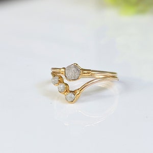 Raw diamond bridal ring set~Chevron diamond engagement ring~Diamond wedding ring~Raw stone ring~Solid Gold stacking rings~Boho wedding rings