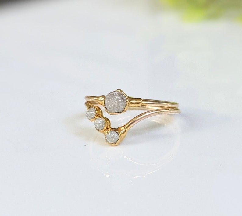 Raw diamond bridal ring set~Chevron diamond engagement ring~Diamond wedding ring~Raw stone ring~Solid Gold stacking rings~Boho wedding rings