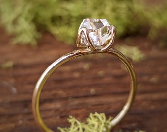 Raw diamond ring, Herkimer diamond ring, Rough diamond engagement ring, Gold Flower ring, Solitaire Diamond engagement ring Raw crystal ring