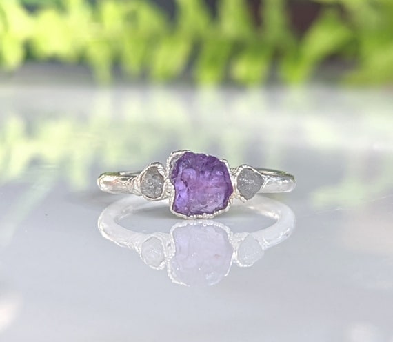 Raw Amethyst and Rough Diamond Ring Raw Diamond Ring Raw
