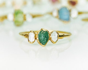 Raw Emerald ring, Herkimer Diamond ring, May birthstone ring, Raw stone ring, Raw crystal ring, Emerald Engagement ring, Birthstone jewelry
