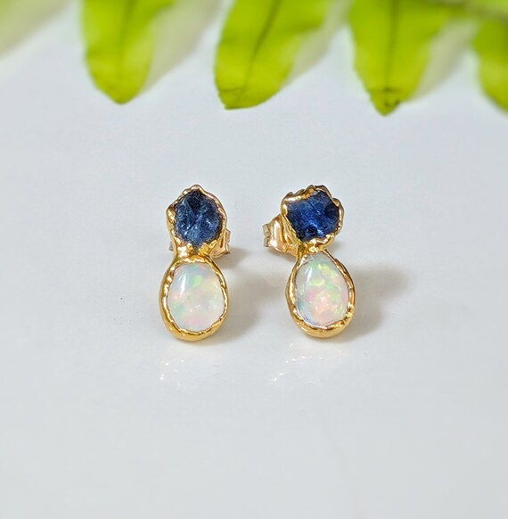 Raw Sapphire and Opal Stud Earrings Sapphire Stud Earrings Opal Stud Earrings Opal Bridal Earrings September Birthstone Opal Earrings Etsy