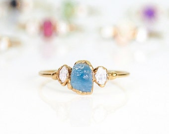 Raw Aquamarine ring, Gold Herkimer diamond ring, March birthstone ring, Raw gemstone ring, Raw stone Engagement ring, Birthstone jewelry