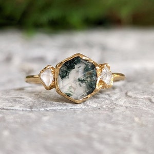 Moss Agate and diamond engagement ring, Moss Agate ring, Herkimer Diamond ring, Nature-Inspired crystal Ring, Unique diamond engagement ring