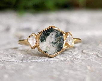 Moss Agate Engagement Ring, Natural Green Moss Agate ring, Organic Gold Ring, Handmade Nature Inspired Ring, Moss Agate and raw diamond ring