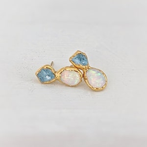 Raw Aquamarine and Opal stud earrings, Aquamarine stud earrings, Opal stud earrings, Opal Bridal earrings, March birthstone, Opal earrings image 5