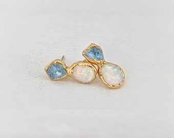 Raw Aquamarine and Opal stud earrings, Aquamarine stud earrings, Dainty Opal earrings, Opal Bridal earrings, October birthstone Opal Jewelry