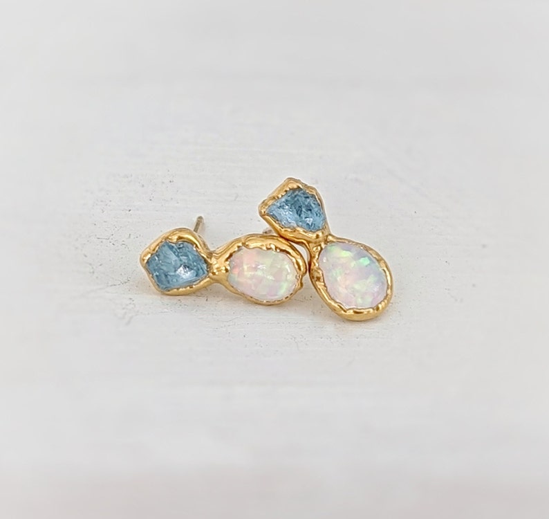 Raw Aquamarine and Opal stud earrings, Aquamarine stud earrings, Opal stud earrings, Opal Bridal earrings, March birthstone, Opal earrings image 5