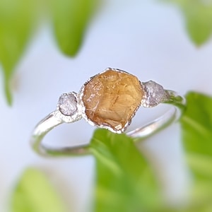 Raw Citrine and raw diamond engagement ring, Rough Citrine ring, Raw diamond ring, November birthstone ring, Raw crystal engagement ring