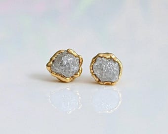 Raw Diamond Stud Earrings, Silver Diamond Studs, Bridal Earrings, Handmade Jewelry, Rough Uncut Gemstone Gift, Wedding Accessory