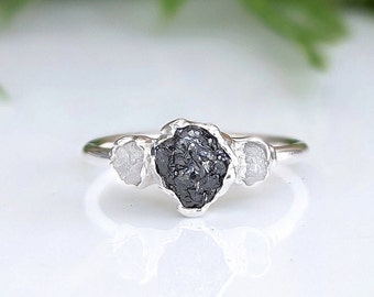 Raw Black Diamond ring, Rough Black diamond engagement ring, Multi diamond ring, Unique diamond engagement ring Sterling Silver diamond ring