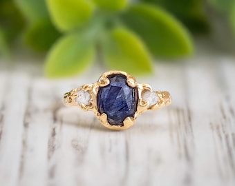 Blue Sapphire and raw diamond engagement ring, Rustic Gold textured ring, One of a kind Gold ring, Gift for girlfriend, Nature inspired ring