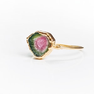 Raw Watermelon Tourmaline ring, October birthstone, Raw gemstone ring, Bi-color Tourmaline ring, Tourmaline jewelry, Unique promise ring