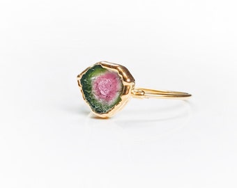 Raw Watermelon Tourmaline ring, October birthstone, Raw gemstone ring, Bi-color Tourmaline ring, Tourmaline jewelry, Unique promise ring