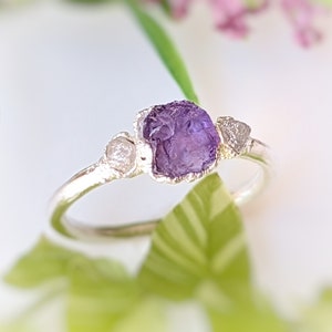 Raw Amethyst and rough diamond ring, Raw diamond ring, Raw Amethyst Ring, February Birthstone Ring, Raw crystal ring, Unique engagement ring