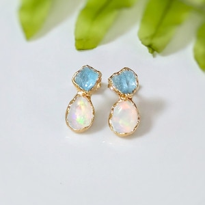 Raw Aquamarine and Opal stud earrings, Aquamarine stud earrings, Opal stud earrings, Opal Bridal earrings, March birthstone, Opal earrings