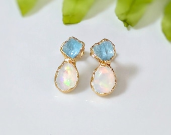 Raw Aquamarine and Opal stud earrings, Aquamarine stud earrings, Opal stud earrings, Opal Bridal earrings, March birthstone, Opal earrings