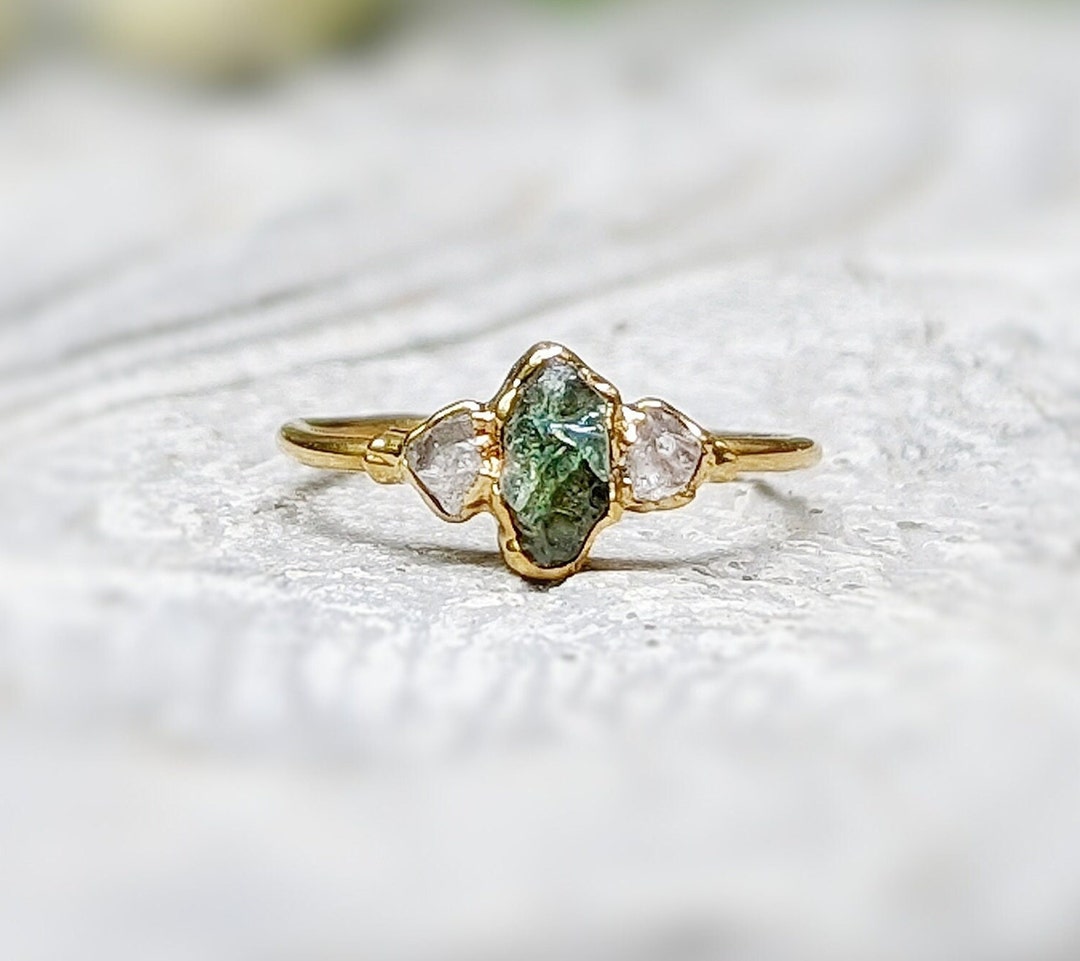 Raw Green Sapphire and Herkimer Diamond Engagement Ring, Green Sapphire ...