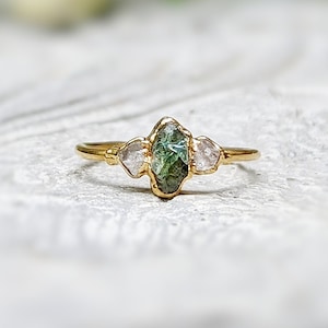 Raw green Sapphire and Herkimer diamond engagement ring, Green Sapphire ring, Rough diamond ring, Solid 14k Gold crystal ring, Unique gift