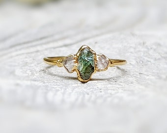 Raw green Sapphire and Herkimer diamond engagement ring, Green Sapphire ring, Rough diamond ring, Solid 14k Gold crystal ring, Unique gift