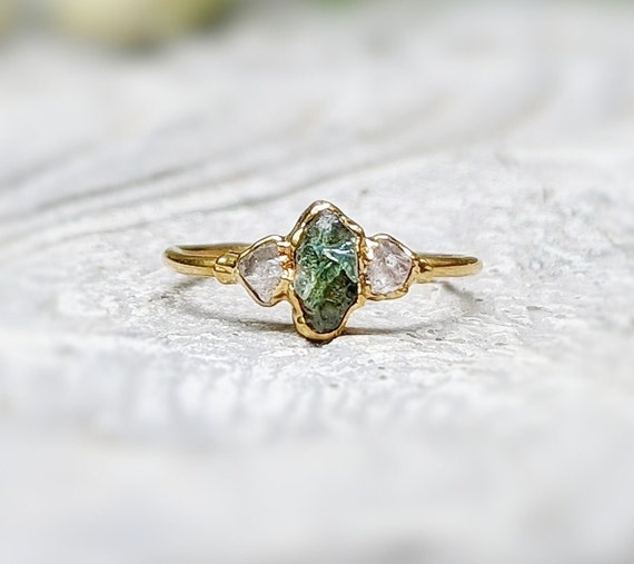 Green Sapphire Ring with Diamond , Green Sapphire Engagement Ring , Dainty  Gold Engagement Ring , Teal Sapphire Ring , Index Finger Ring