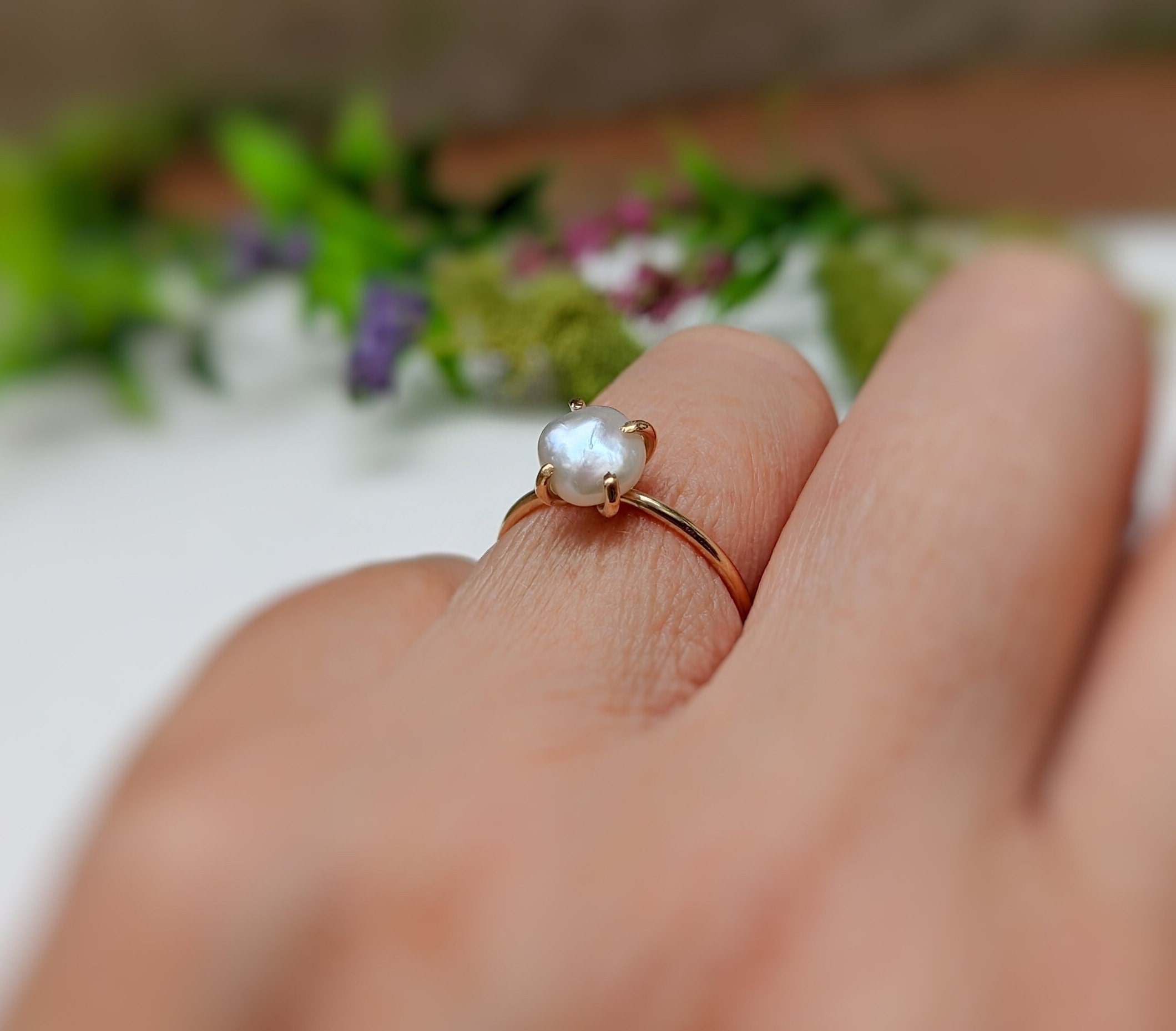 Freshwater Pearl Ring, Keshi Pearl Ring, Gold Pearl Ring, Unique