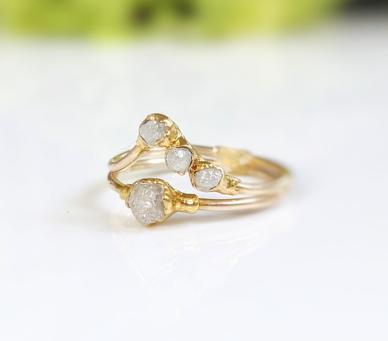 Raw diamond wedding ring set, Solid Gold Chevron ring, Raw diamond engagement ring, Diamond wedding ring set, Unique Unique engagement ring image 10