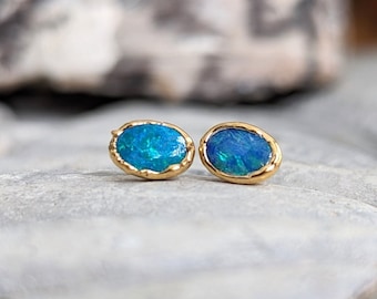 Blue Opal stud earrings, Blue opal earrings, Australian Blue Opal earrings, Handmade earrings, Opal jewelry, October birthstone Gift for Mom